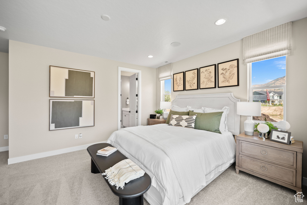 Carpeted bedroom featuring ensuite bathroom