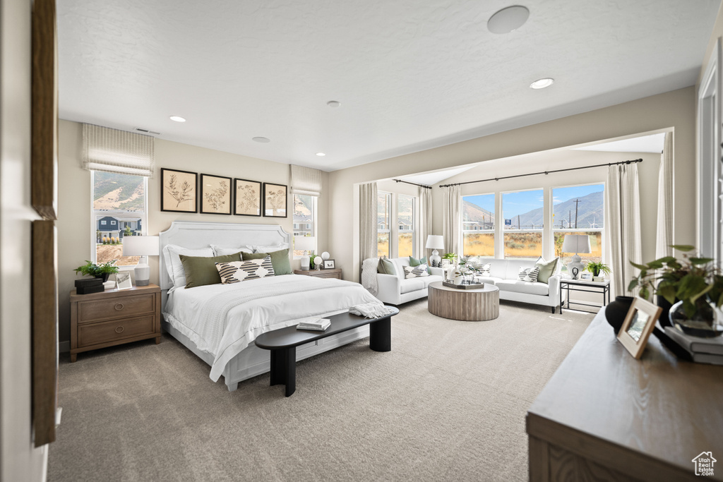 Bedroom featuring a mountain view and carpet flooring