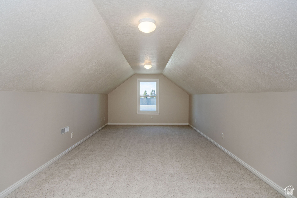 Additional living space featuring vaulted ceiling, a textured ceiling, and light carpet