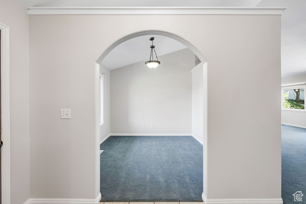 Spare room with crown molding and carpet