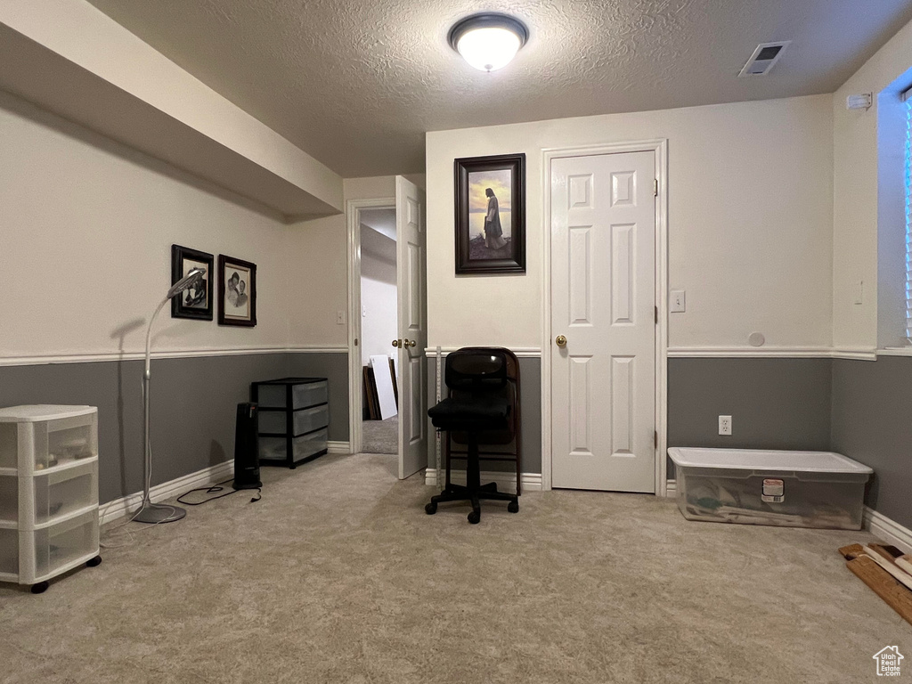 Carpeted office featuring a textured ceiling