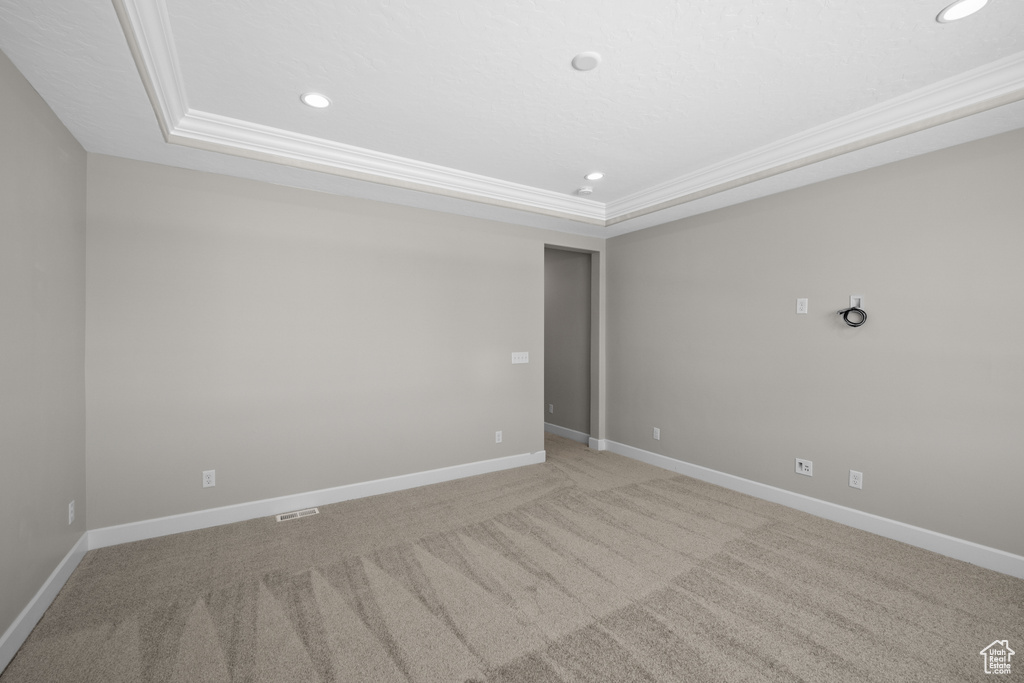 Carpeted spare room featuring a raised ceiling and ornamental molding