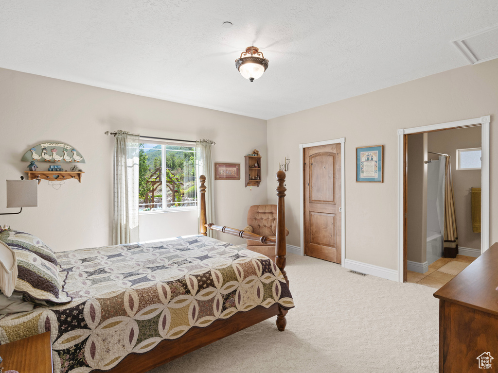 Carpeted bedroom featuring ensuite bath