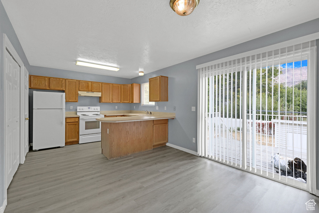 Kitchen featuring white appliances, light hardwood / wood-style flooring, kitchen peninsula, and a healthy amount of sunlight