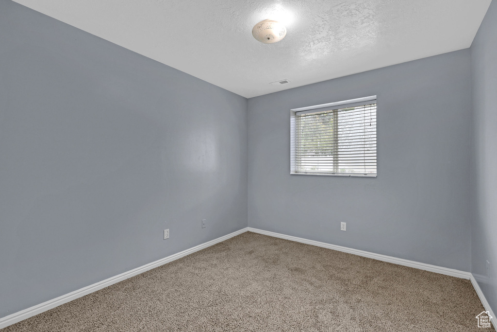 Carpeted spare room featuring a textured ceiling