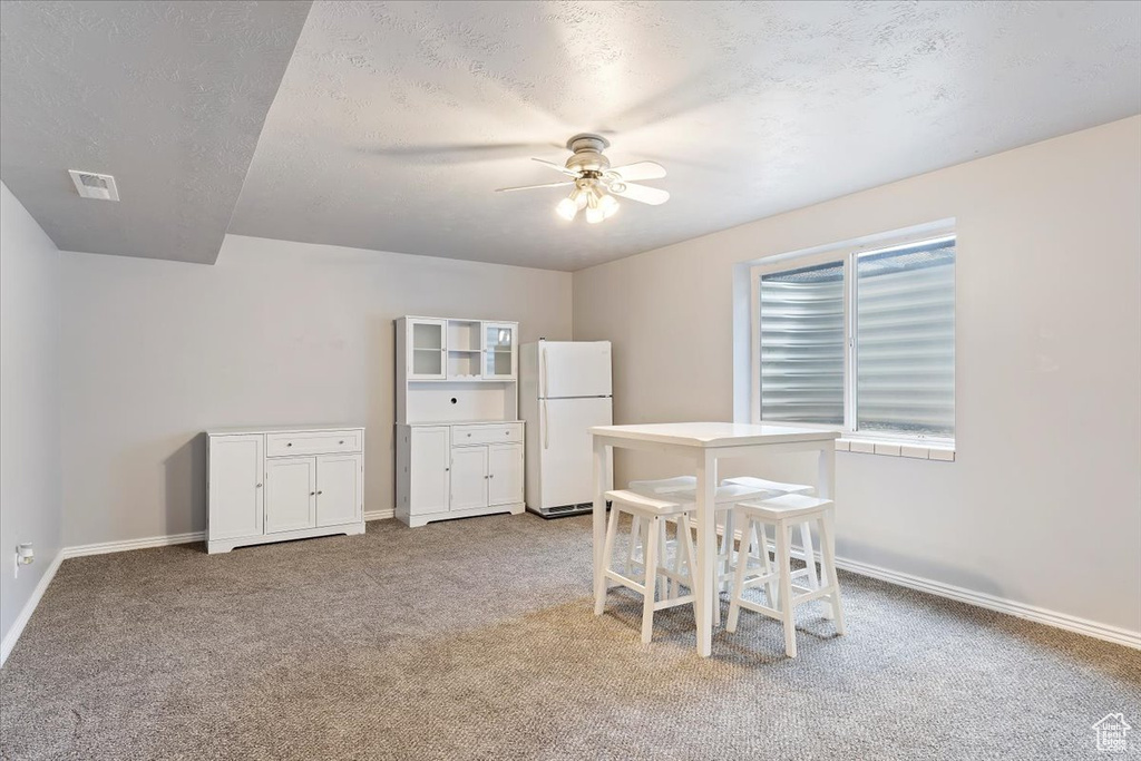 Interior space with a textured ceiling, ceiling fan, and light colored carpet