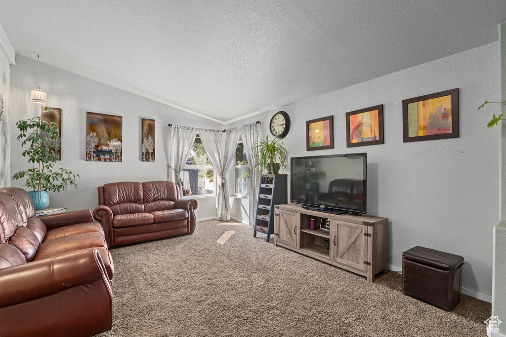 Living room featuring lofted ceiling, carpet, and a textured ceiling