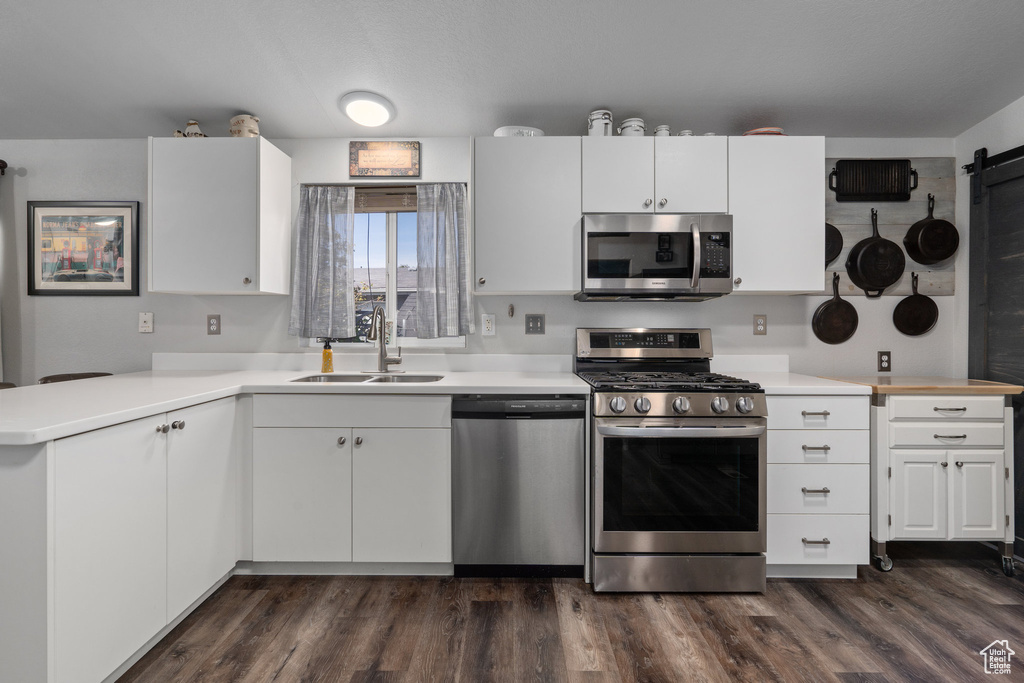 Kitchen featuring white cabinets, sink, kitchen peninsula, appliances with stainless steel finishes, and a barn door