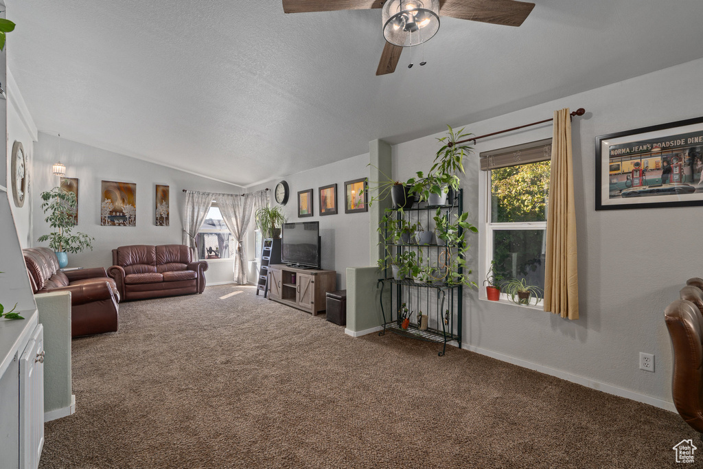 Carpeted living room featuring lofted ceiling, ceiling fan, and a textured ceiling