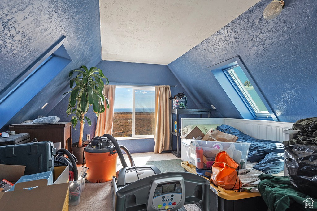 Additional living space featuring carpet flooring, vaulted ceiling with skylight, and a textured ceiling