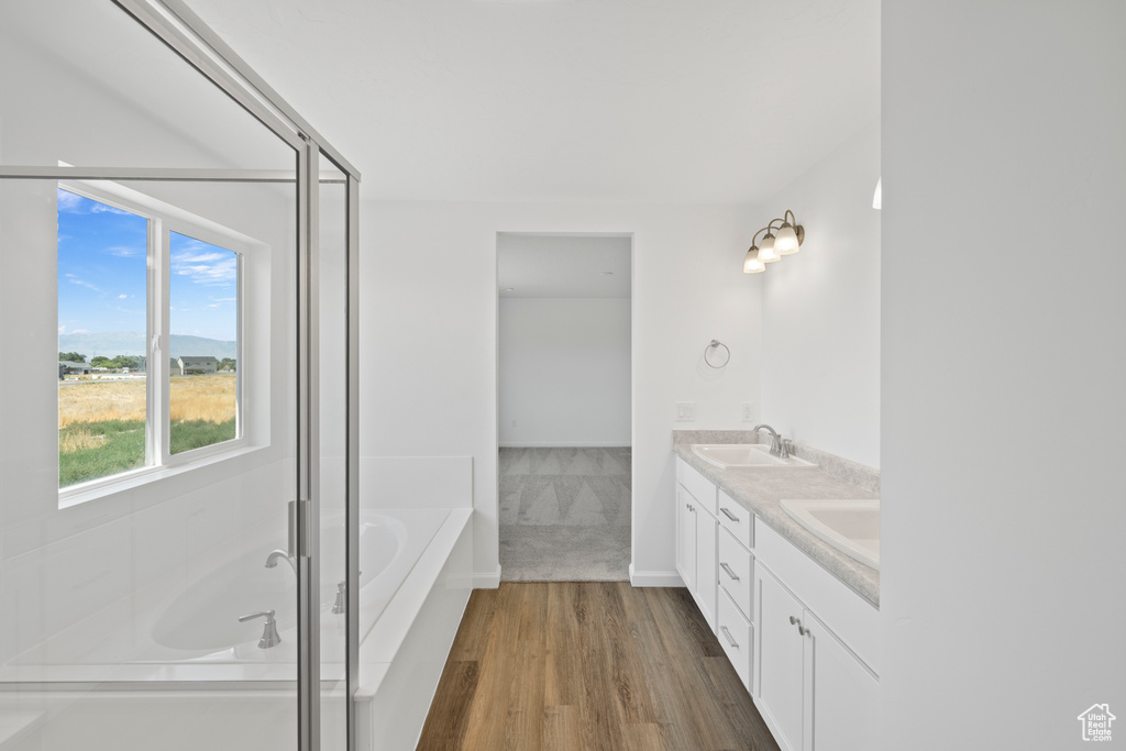 Bathroom with vanity, hardwood / wood-style flooring, and shower with separate bathtub