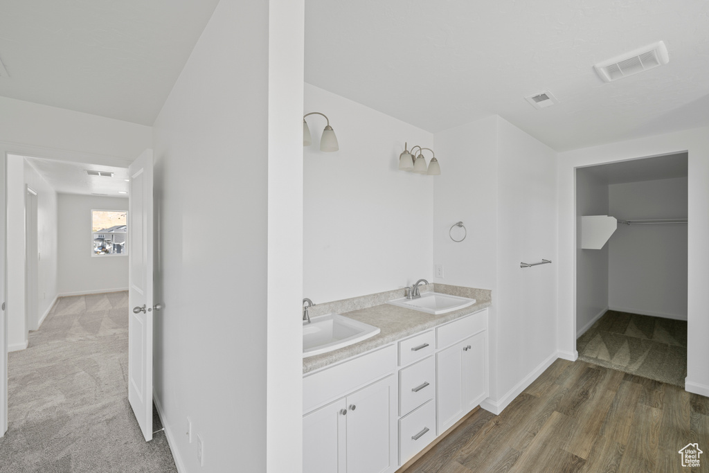 Bathroom with vanity and wood-type flooring