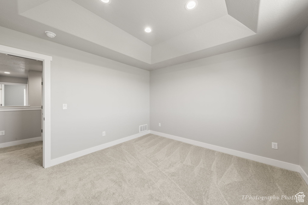 Unfurnished room with a tray ceiling and light carpet