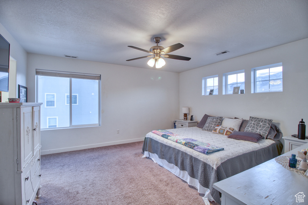 Carpeted bedroom with ceiling fan and a textured ceiling