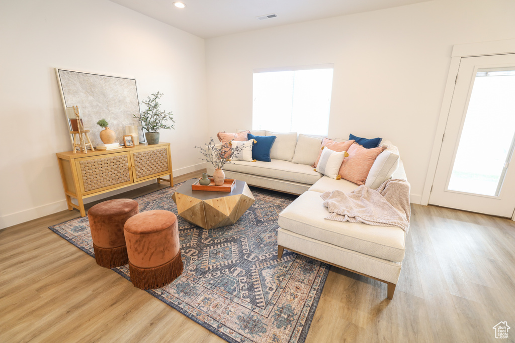 Living room with plenty of natural light and light hardwood / wood-style flooring