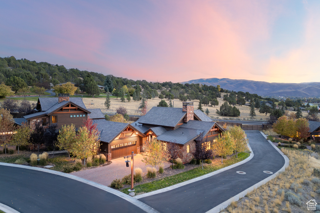 Aerial view at dusk with a mountain view