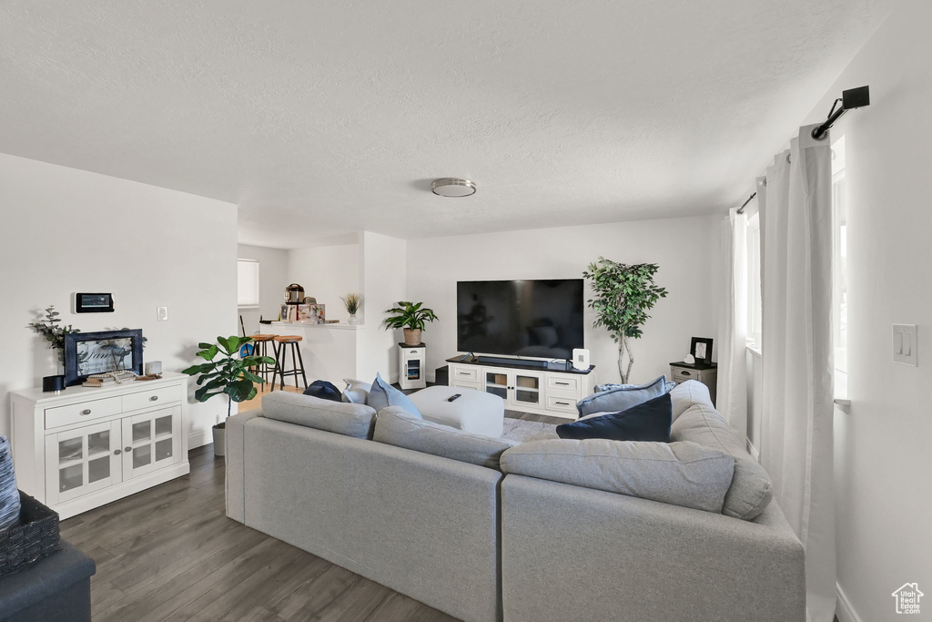 Living room with hardwood / wood-style flooring and a textured ceiling