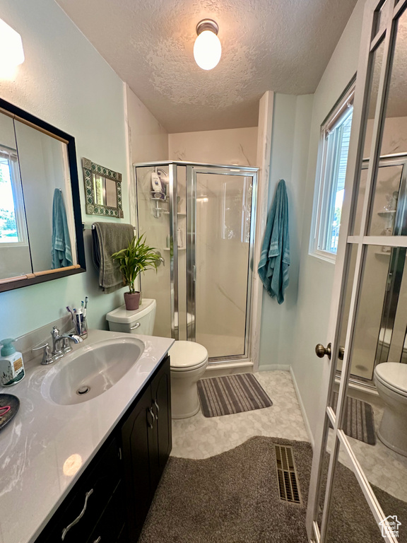 Bathroom with vanity, a textured ceiling, toilet, a shower with door, and a wealth of natural light