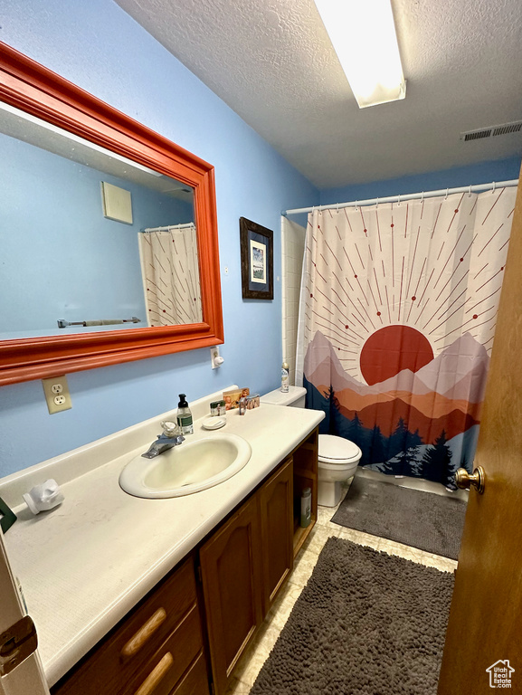 Bathroom with vanity, toilet, a textured ceiling, and a shower with shower curtain