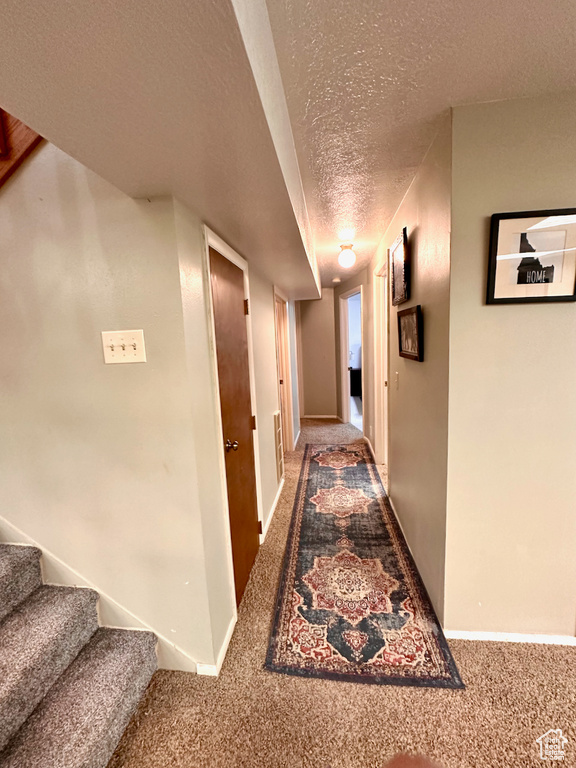 Hall with carpet floors and a textured ceiling