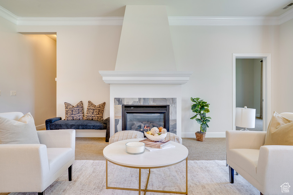 Living room featuring ornamental molding, a high end fireplace, baseboards, and carpet floors