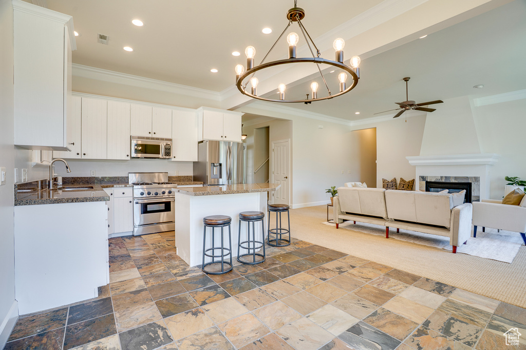 Kitchen with stainless steel appliances, a sink, ornamental molding, a ceiling fan, and recessed lighting