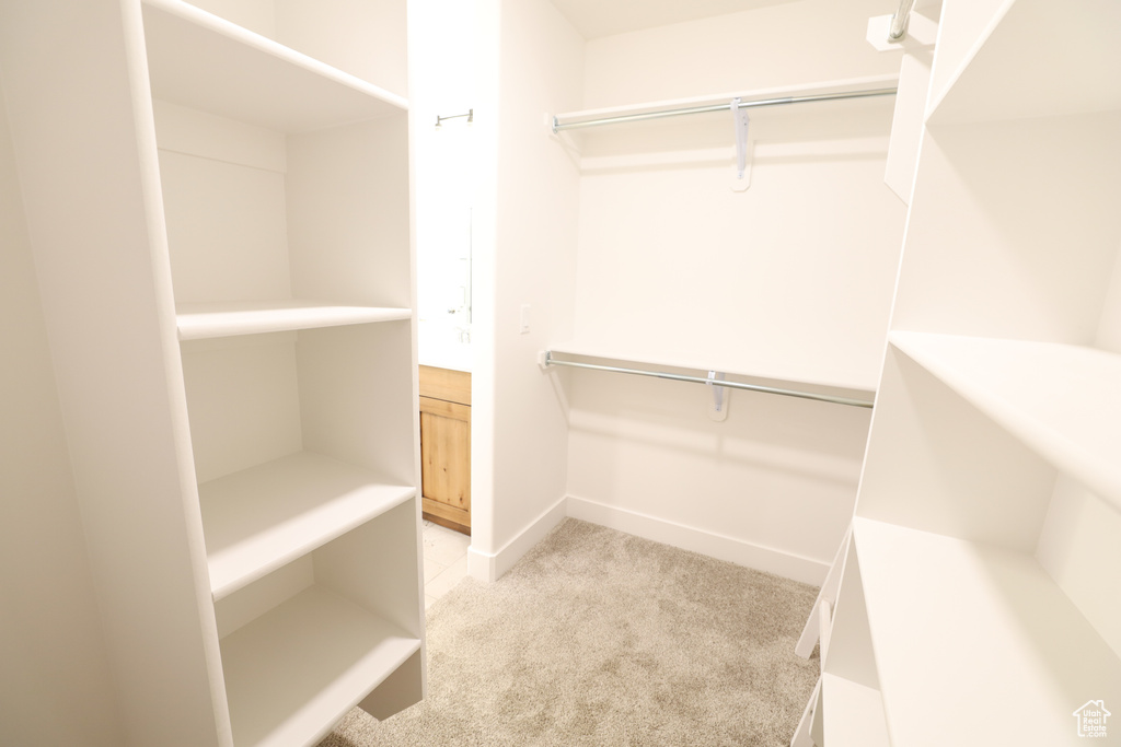 Spacious closet with light colored carpet