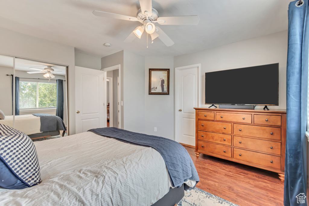 Bedroom featuring ceiling fan and wood-type flooring