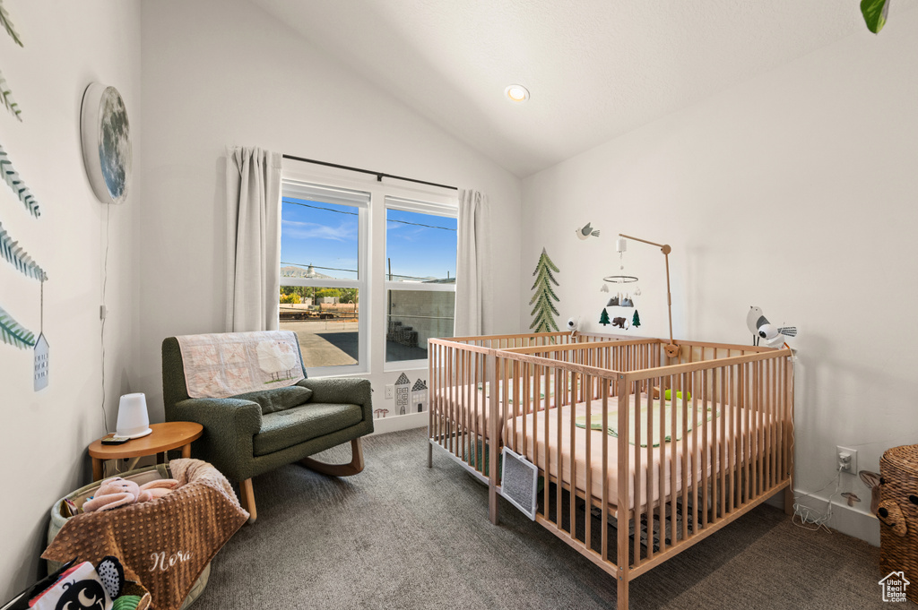 Carpeted bedroom featuring lofted ceiling and a nursery area