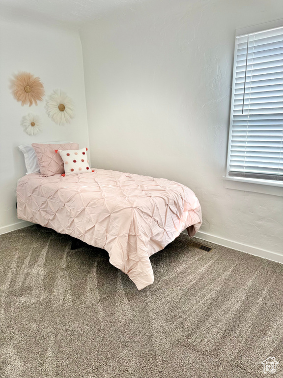 Carpeted bedroom featuring multiple windows