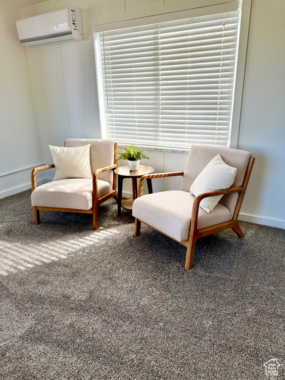 Living area with a wall mounted air conditioner and carpet