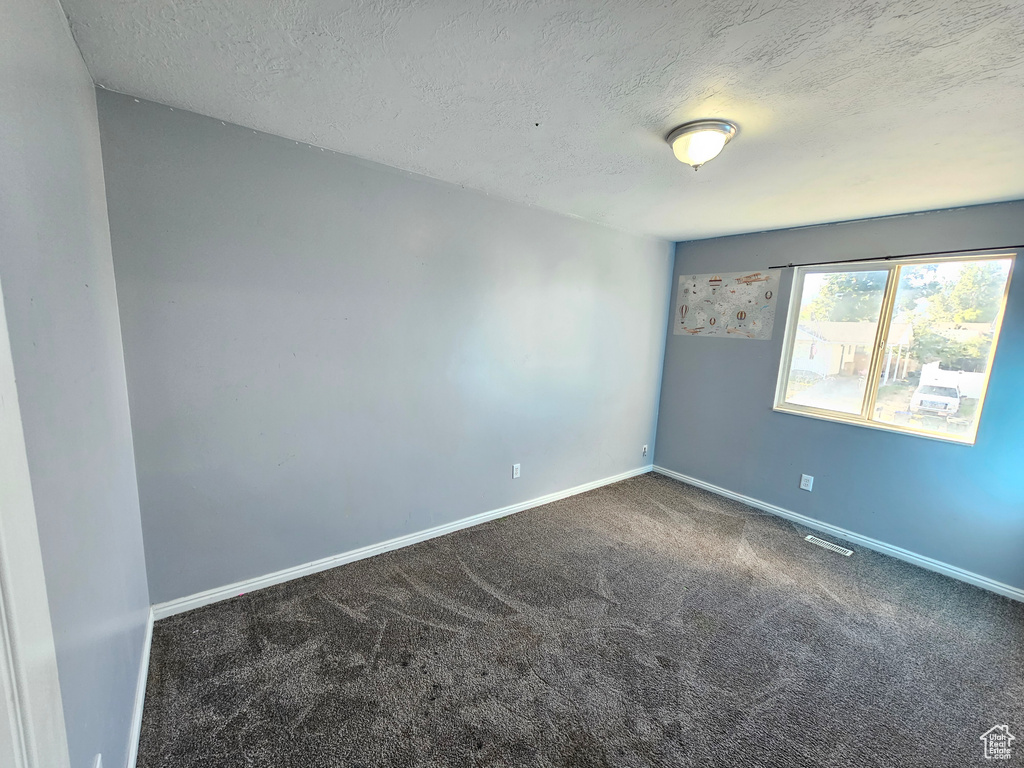 Carpeted empty room with a textured ceiling