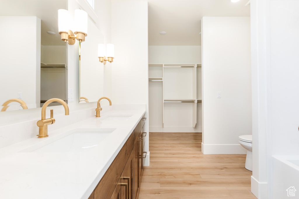 Bathroom featuring toilet, vanity, and wood-type flooring