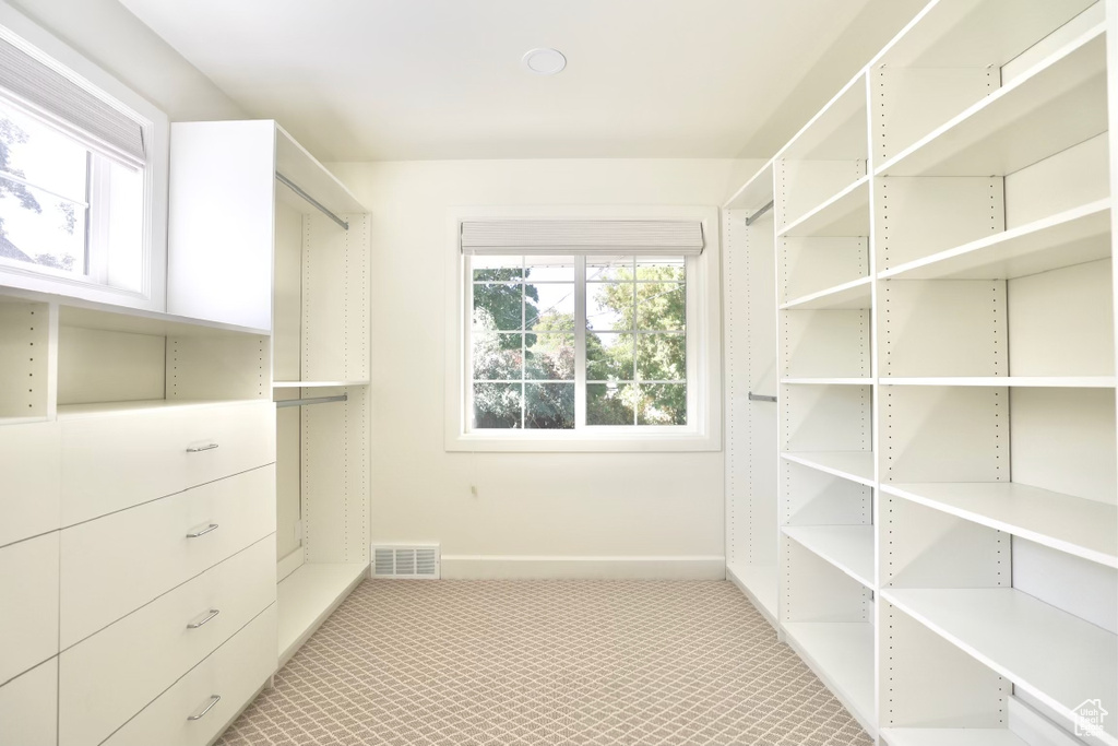 Spacious closet featuring light colored carpet