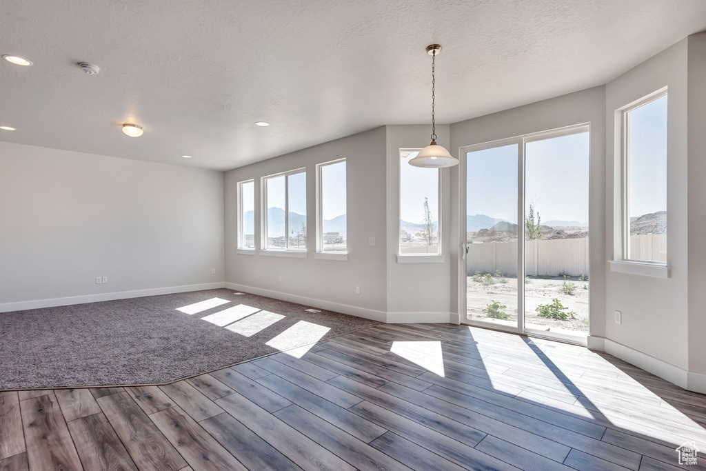 Interior space featuring dark wood-type flooring and a textured ceiling