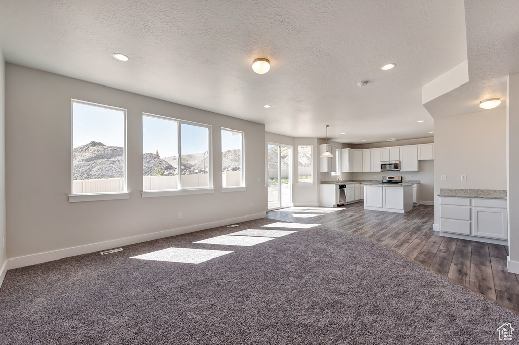 Unfurnished living room featuring dark hardwood / wood-style flooring, a mountain view, and a textured ceiling