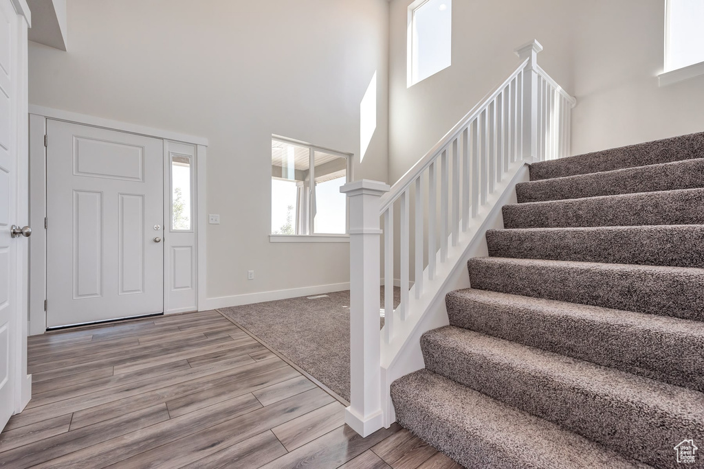 Foyer entrance with a high ceiling and hardwood / wood-style flooring