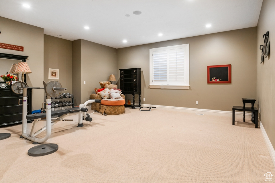 Exercise area featuring light carpet