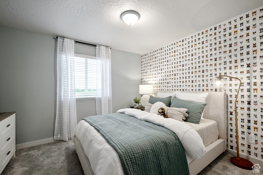 Carpeted bedroom with a textured ceiling