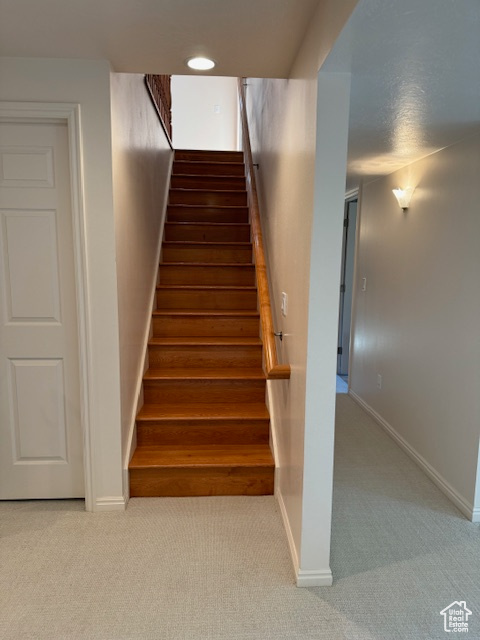 Stairway featuring carpet flooring