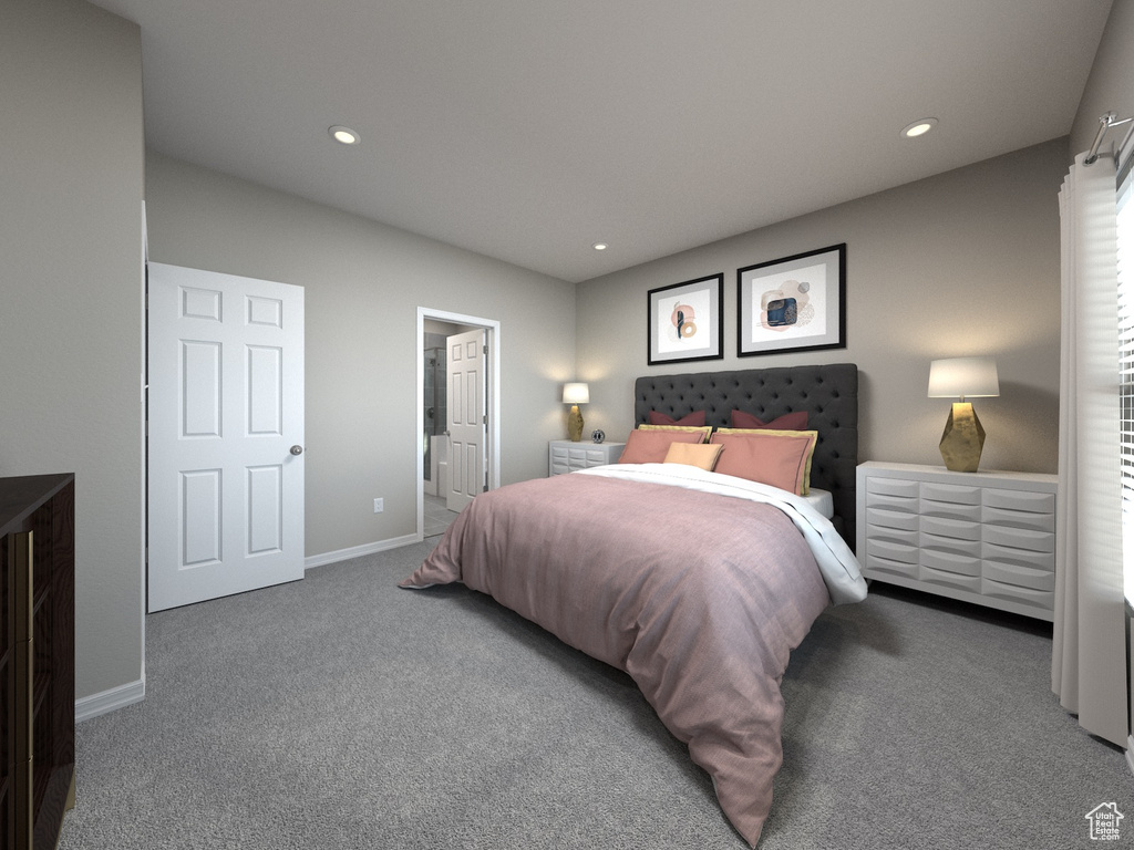 Carpeted bedroom with ensuite bathroom