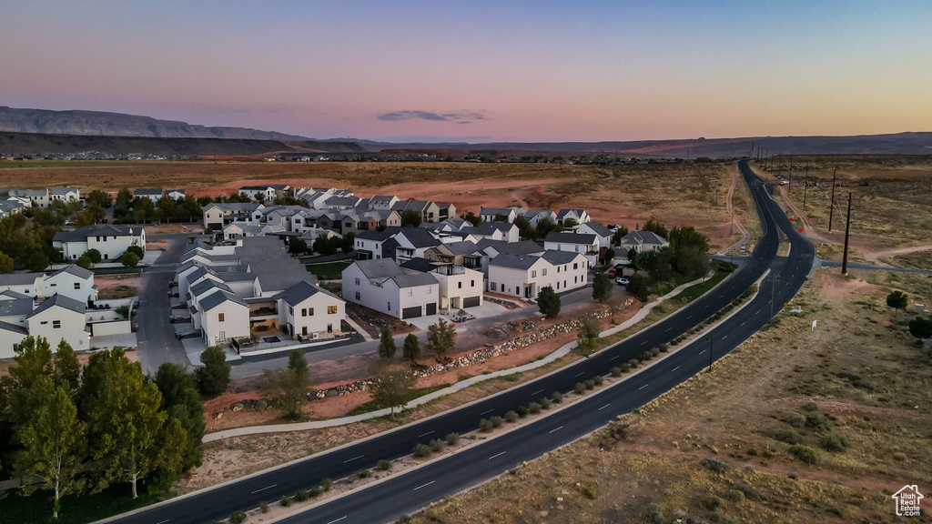 Aerial view at dusk with a mountain view