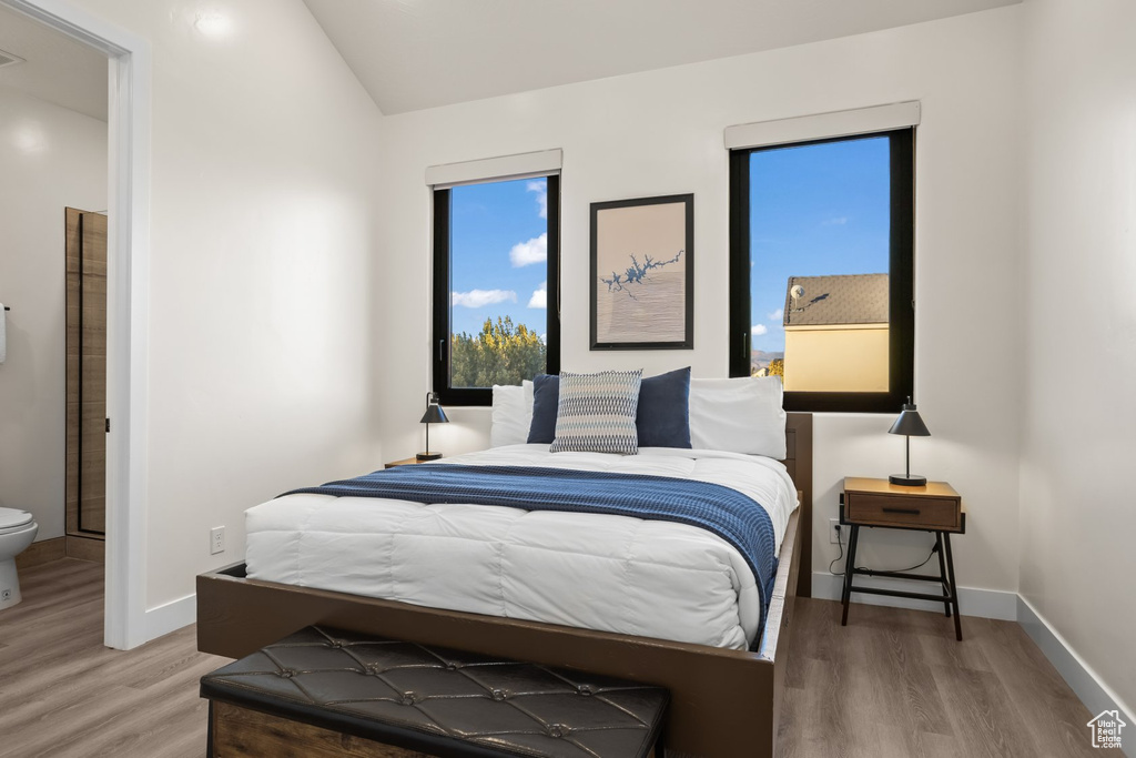 Bedroom featuring multiple windows, ensuite bath, and wood-type flooring