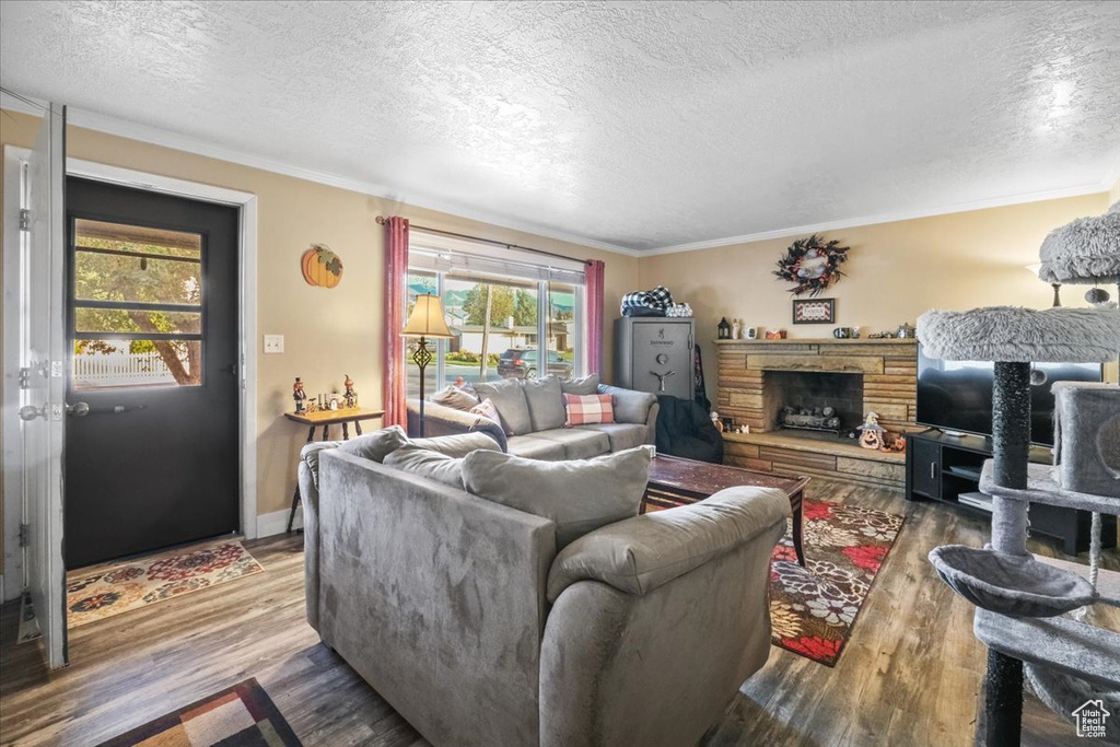 Living room featuring a textured ceiling, a fireplace, crown molding, and hardwood / wood-style floors