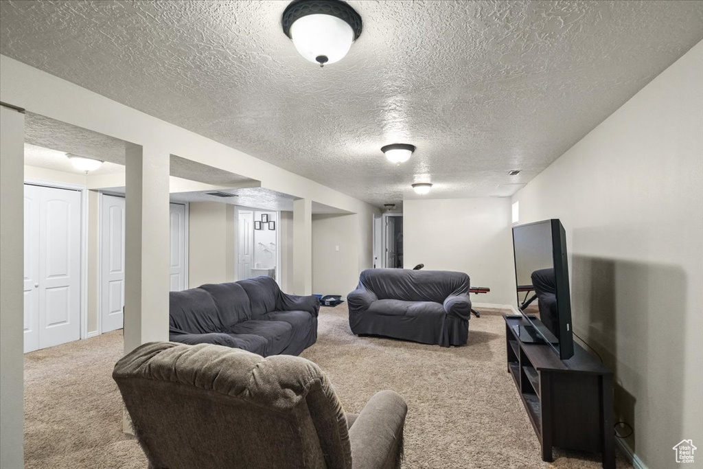 Living room with carpet and a textured ceiling