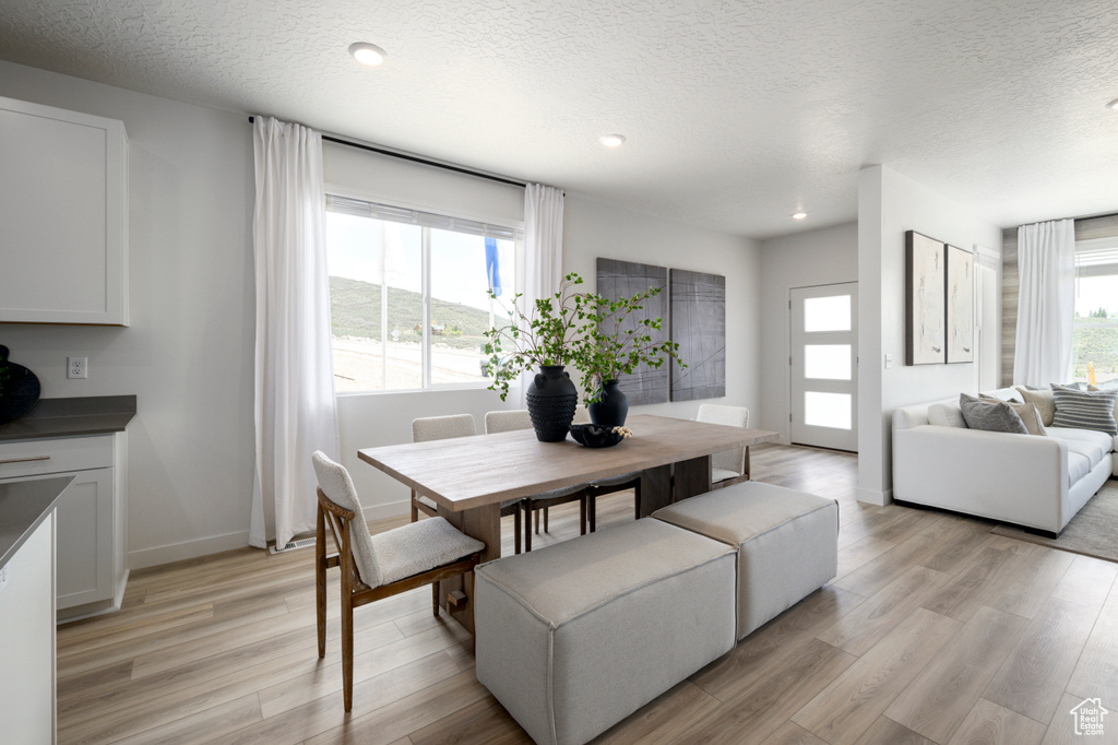 Dining area featuring light wood-type flooring and a textured ceiling