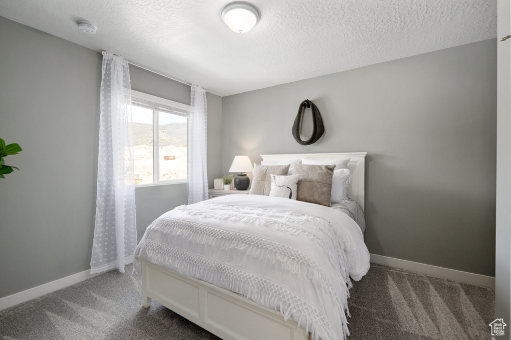 Bedroom with a textured ceiling and carpet flooring