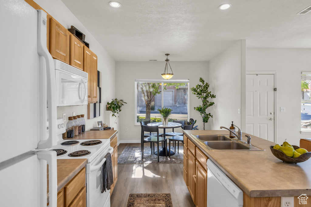 Kitchen with pendant lighting, white appliances, hardwood / wood-style floors, a center island with sink, and sink