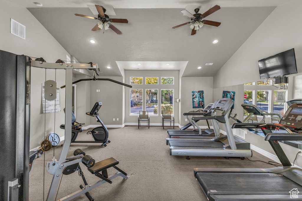 Gym featuring high vaulted ceiling and ceiling fan