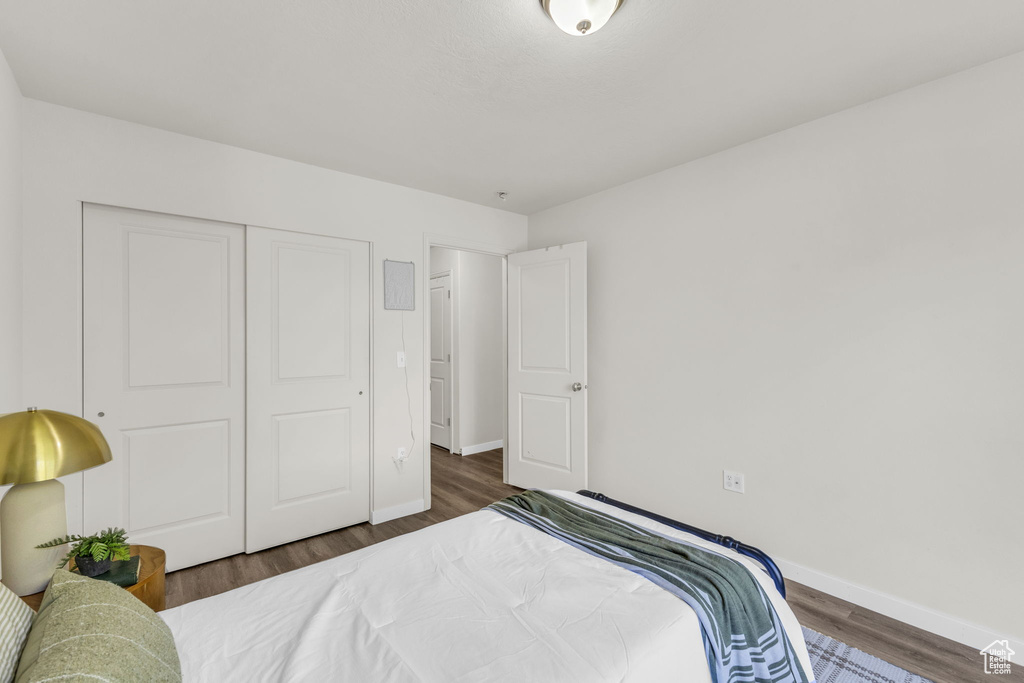 Bedroom featuring a closet and dark hardwood / wood-style floors